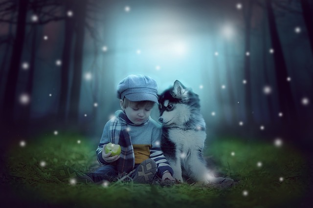 秘密の場所で、仲良しの子供と犬