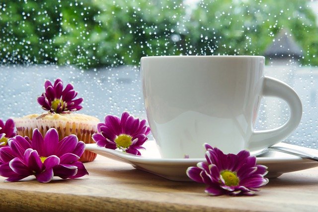 雨の日の窓辺のカフェタイム