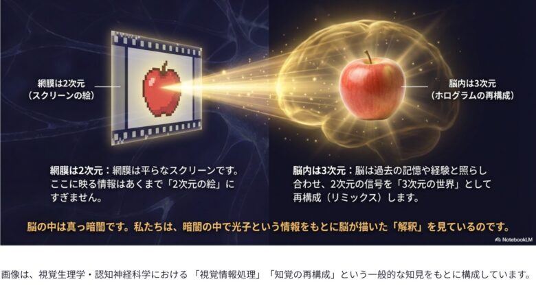 網膜の2次元情報をもとに、脳が記憶と経験を使って3次元の世界を再構築しているイメージ図