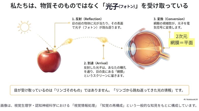 物体そのものではなく、反射した光子を目が受け取り、網膜で2次元情報として処理している図